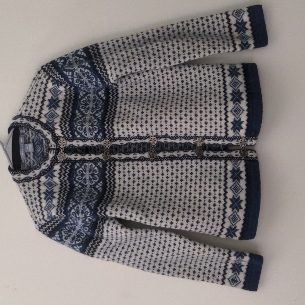 Vintage Caroll Reed Cardigan Blue and Cream Fair Isle 100% wool